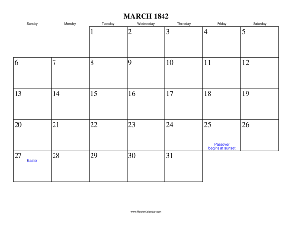 March 1842 Calendar