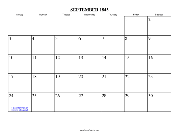 September 1843 Calendar