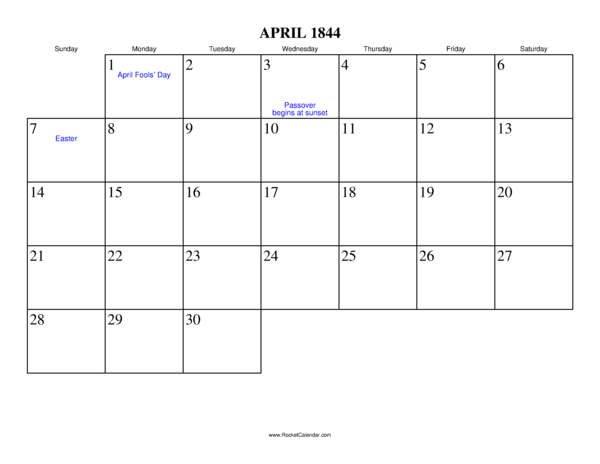 April 1844 Calendar