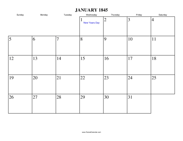 January 1845 Calendar