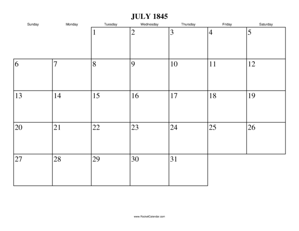 July 1845 Calendar