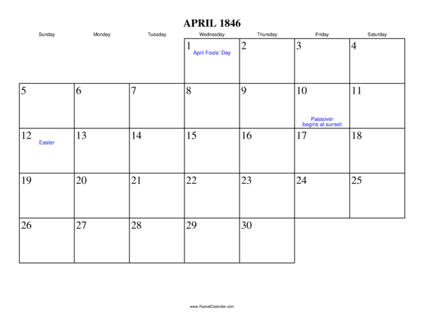 April 1846 Calendar