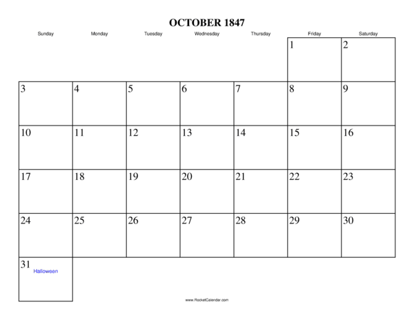 October 1847 Calendar