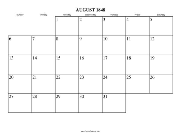 August 1848 Calendar