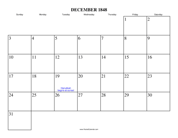 December 1848 Calendar