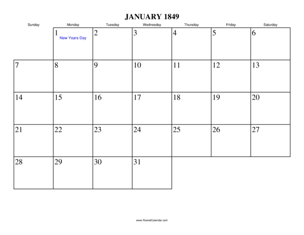 January 1849 Calendar