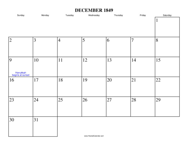 December 1849 Calendar