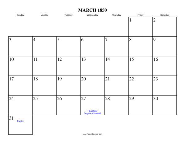 March 1850 Calendar