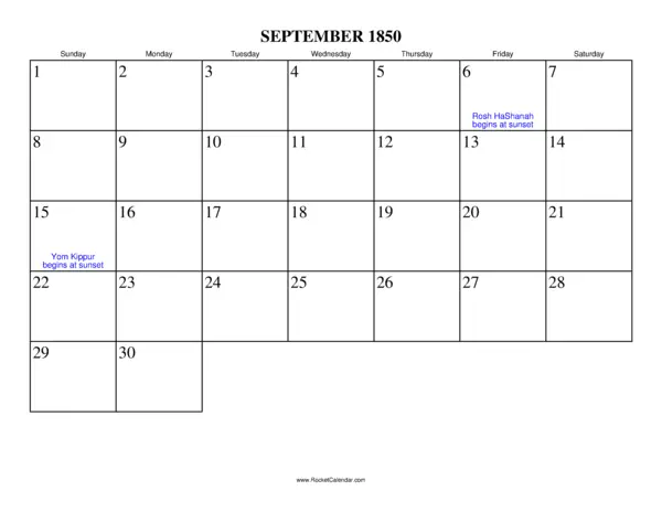 September 1850 Calendar