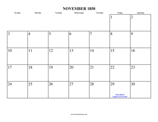 November 1850 Calendar