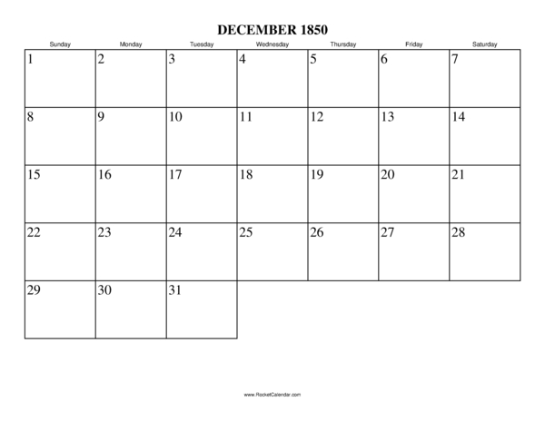 December 1850 Calendar