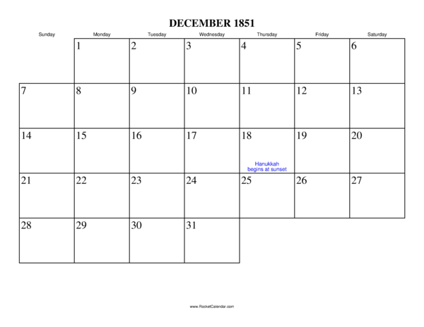 December 1851 Calendar