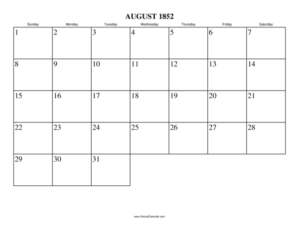 August 1852 Calendar