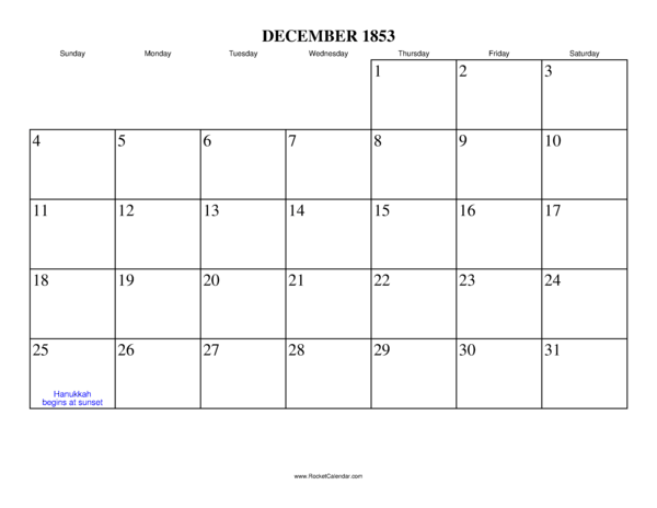 December 1853 Calendar