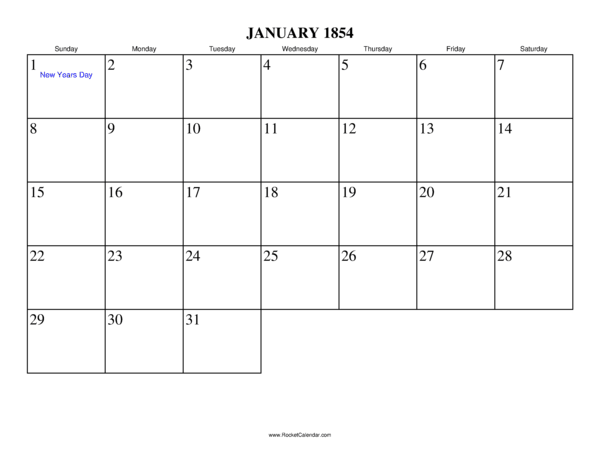 January 1854 Calendar