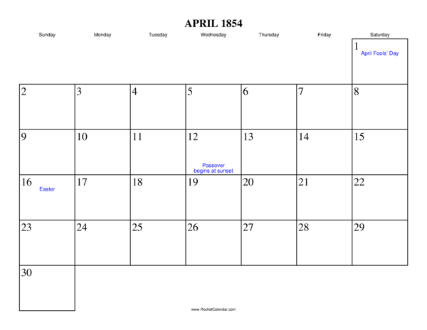 April 1854 Calendar