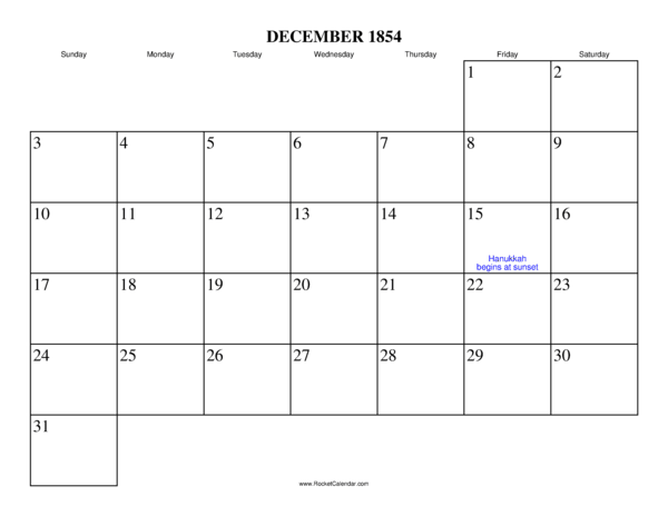 December 1854 Calendar