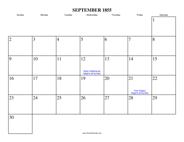 September 1855 Calendar