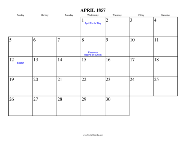 April 1857 Calendar