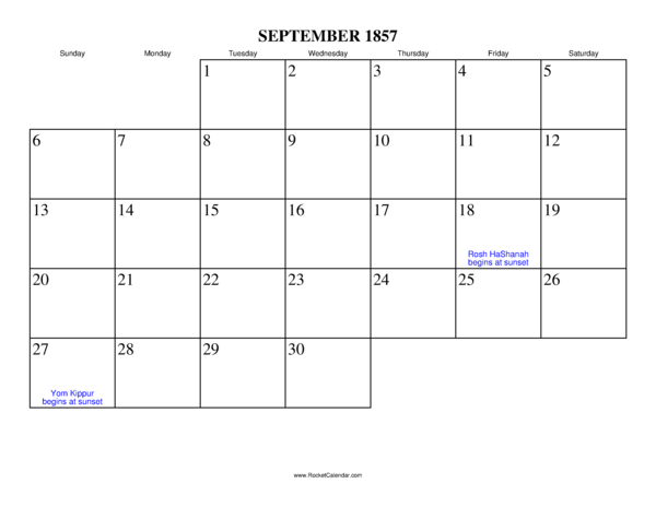 September 1857 Calendar