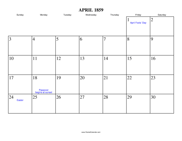 April 1859 Calendar