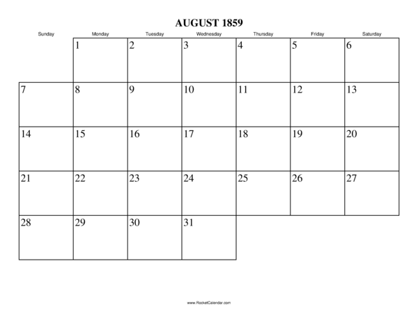 August 1859 Calendar