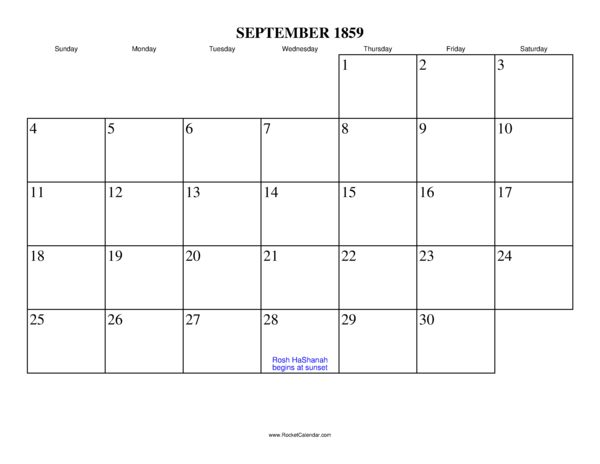 September 1859 Calendar