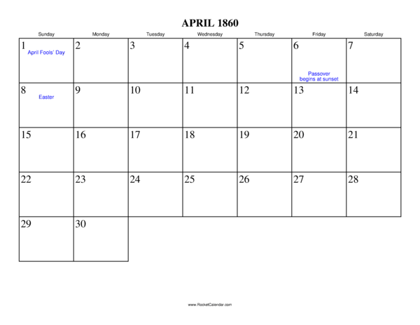 April 1860 Calendar