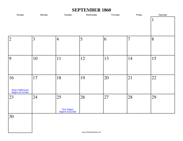 September 1860 Calendar