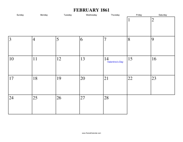 February 1861 Calendar