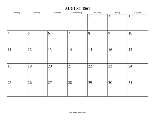 August 1861 Calendar