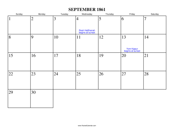 September 1861 Calendar