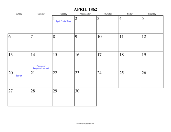 April 1862 Calendar