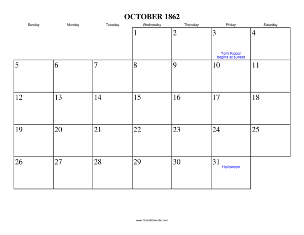 October 1862 Calendar