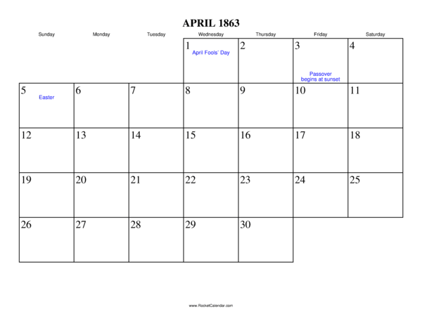 April 1863 Calendar