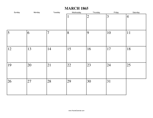 March 1865 Calendar