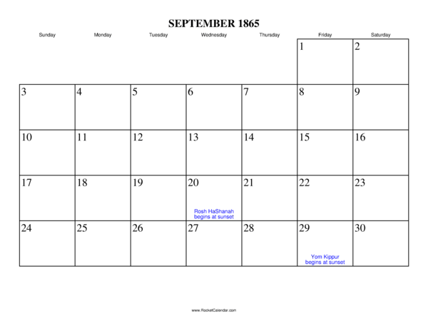 September 1865 Calendar