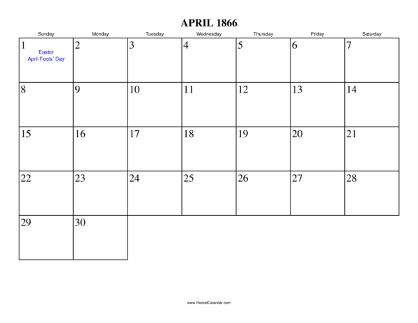 April 1866 Calendar