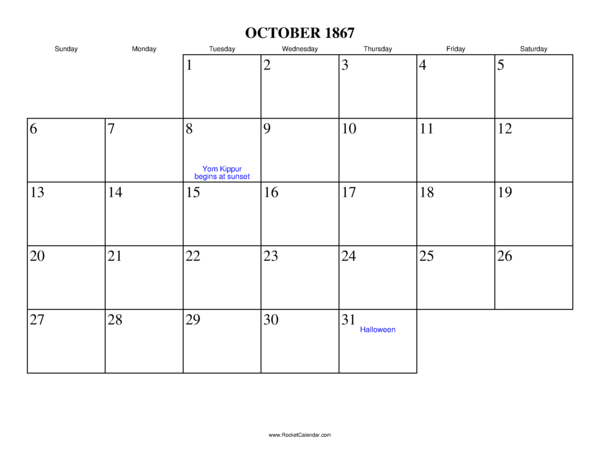 October 1867 Calendar