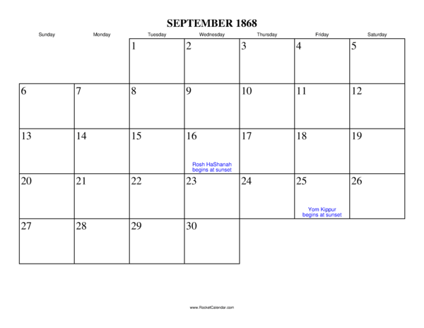 September 1868 Calendar