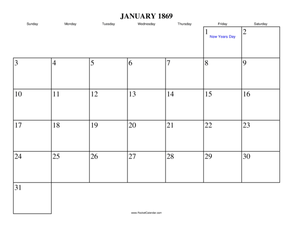 January 1869 Calendar