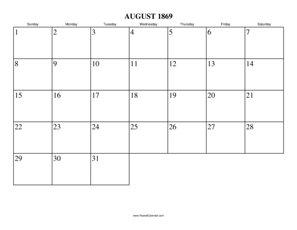 August 1869 Calendar