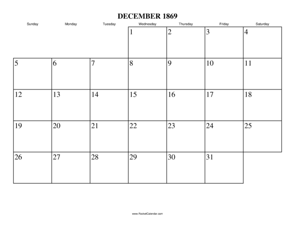 December 1869 Calendar