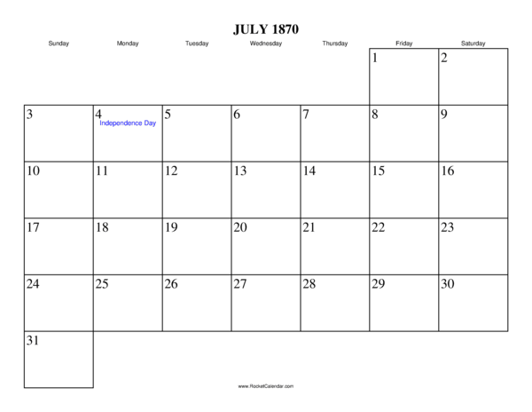 July 1870 Calendar