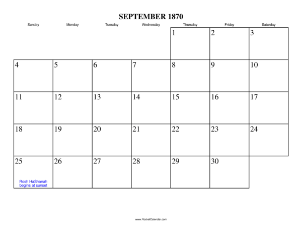 September 1870 Calendar