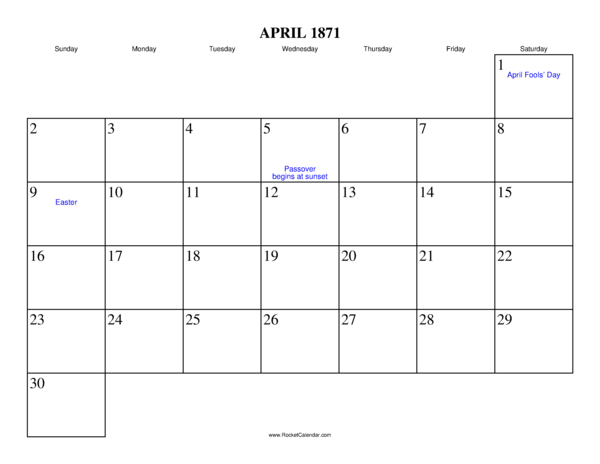 April 1871 Calendar