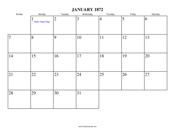 January 1872 Calendar