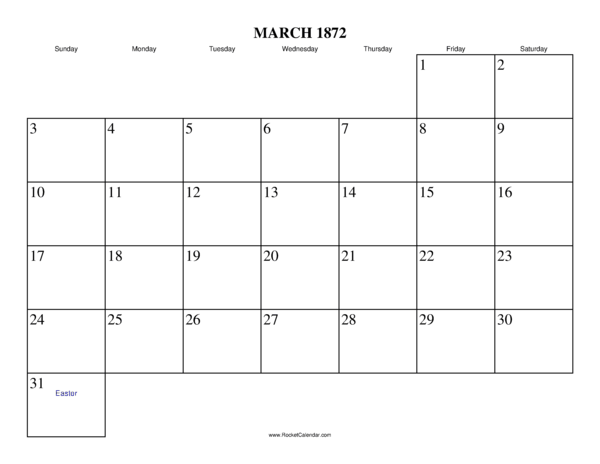 March 1872 Calendar