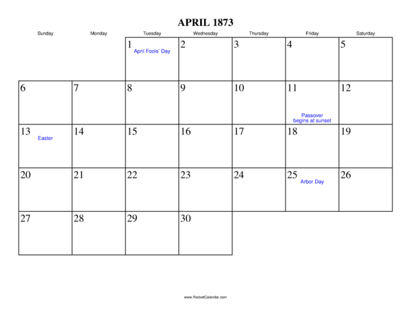 April 1873 Calendar