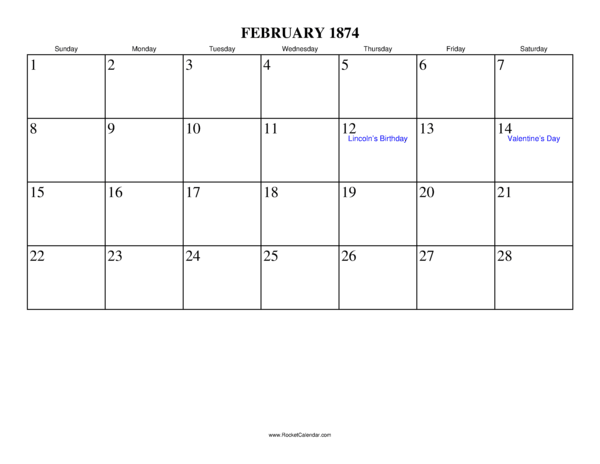 February 1874 Calendar